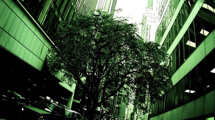 Tree growing between tall buildings in cityscape