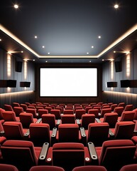 Fototapeta premium Modern cinema interior with empty red seats facing a large blank movie screen, perfect for concepts of entertainment, film screenings, and cinematic presentations 