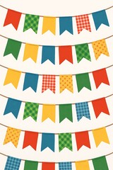 Obraz premium Festive Banner Garland: Vibrant, multicolored bunting strung in multiple rows, creating a celebratory atmosphere perfect for parties, festivals, and joyous occasions.
