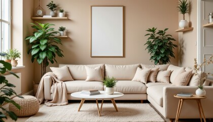 Fototapeta premium The living room features a warm and inviting aesthetic, with a beige sofa adorned with plush cushions and throws