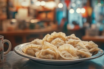 A close up view of dumplings on a plate at a restaurant