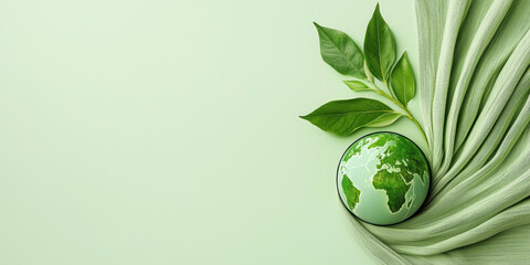 A serene green landscape featuring a globe surrounded by leaves, symbolizing environmental awareness and sustainability.