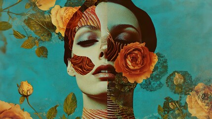 Surreal Woman Portrait with Roses and Intricate Textures