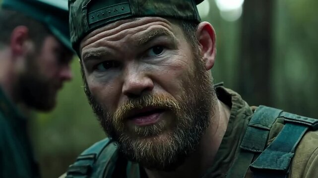 Intense moment in the forest during a military training exercise with focused soldiers in tactical gear