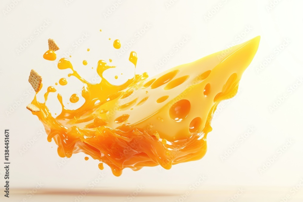 Poster a piece of cheese in motion, splashing and creating a dynamic, appetizing visual.