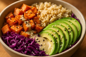 A Colorful Bowl of Goodness: A vibrant and inviting bowl overflowing with a colorful array of fresh, wholesome ingredients. featuring the healthy harmony of flavors and textures 
