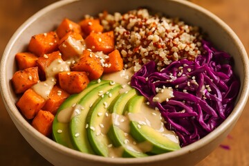 Colorful Vegan Bowl: A visually appealing bowl featuring a harmonious blend of vibrant ingredients including roasted sweet potato cubes, fluffy quinoa, sliced avocado, and shredded purple cabbage.