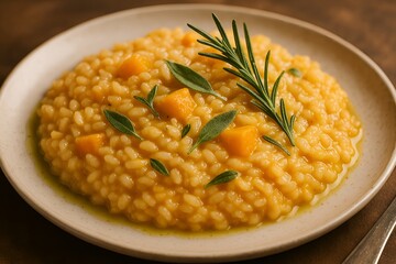 Butternut Squash Risotto: A visually appealing dish of creamy butternut squash risotto, artfully garnished with sprigs of fresh herbs.