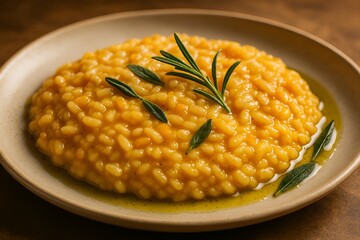 Golden Risotto Delight: A close-up view of a creamy, golden risotto, garnished with fresh herbs, beautifully presented on a rustic plate.