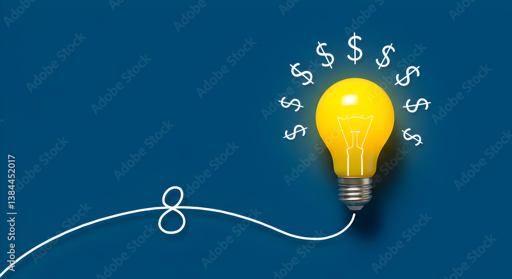 Poster illuminated lightbulb with dollar symbols floating above against a deep blue background representing