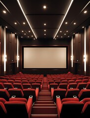 Obraz premium Modern cinema interior with empty red seats facing a large blank movie screen, perfect for concepts of entertainment, film screenings, and cinematic presentations 