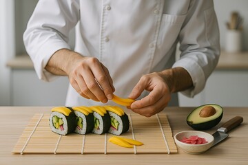 Sushi Master's Craft: A culinary expert expertly crafts exquisite sushi rolls, showcasing the artistry and precision of traditional Japanese cuisine.