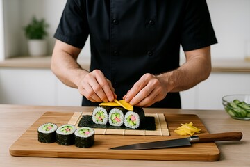 Art of sushi: A chef expertly prepares a vibrant sushi roll, meticulously placing ingredients on the carefully crafted creation, highlighting the fresh and aesthetic elements.