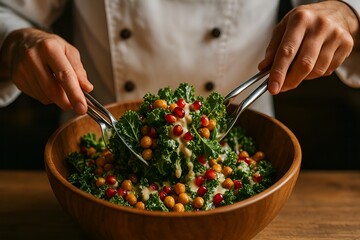Culinary Craft: A chef expertly tosses a vibrant salad, showcasing fresh ingredients in a beautifully crafted wooden bowl, inviting the viewer to a healthy and delightful meal.