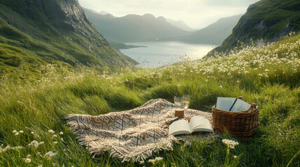 A dreamy scene of an outdoor picnic, handwoven blanket laid across tall grass, rustic baskets with open books and wine glasses