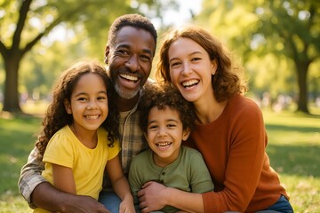 Joyful Family Portrait: A beaming family radiates happiness as they gather outdoors, surrounded by a backdrop of green trees, encapsulating the love and bond of a close-knit unit.