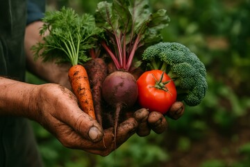 Handsful of Garden Harvest: A pair of weathered hands cradles a vibrant assortment of freshly picked garden vegetables, showcasing the bounty of the harvest in a close-up shot.