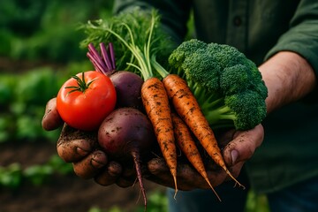 Fresh Harvest: A farmer's hands cradle a vibrant assortment of freshly harvested vegetables, symbolizing the bounty of the earth and the essence of healthy eating.