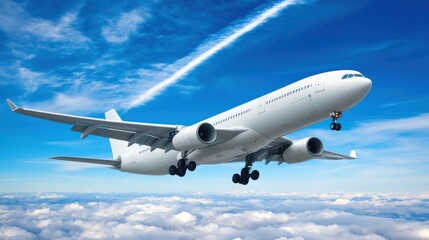 Commercial airplane flying high above the clouds with bright blue sky and vapor trail behind