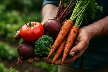 Harvest Bounty: A farmer's hands cradle a vibrant assortment of freshly harvested vegetables, a testament to the earth's abundance. Showcasing the bounty of the harvest in the warm.