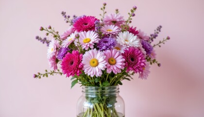 A vibrant and colorful bouquet of fresh spring flowers arranged in a clear glass jar