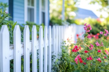 Fototapeta premium A white picket fence with pink flowers in front of a blue house on a sunny day.