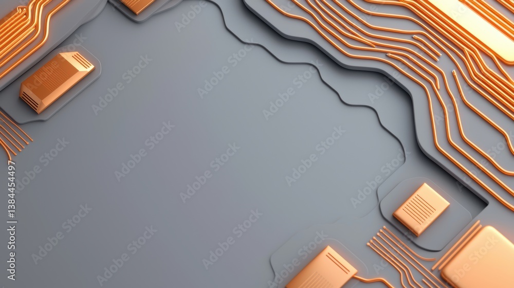 Poster a close-up view of a circuit board featuring intricate designs and golden elements, showcasing techn