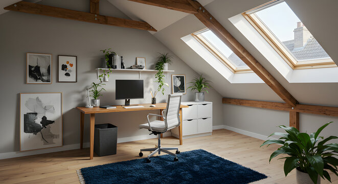 Modern Home Office Setup in Attic Conversion with Skylights and Greenery