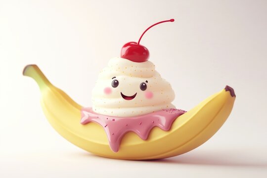 A happy cartoon banana split with whipped cream, cherry, and pink sauce.