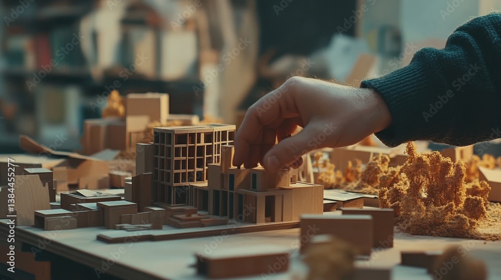 Poster hand placing model building in architectural design studio workspace