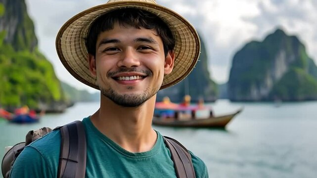 Young backpacker wearing conical straw hat enjoys stunning scenery of Bay in Vietnam