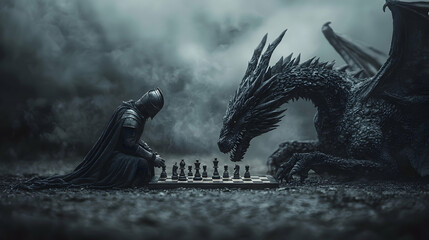 Dark Knight and Dragon Chess Match in Misty Landscape