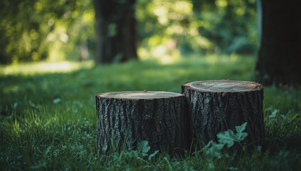 Fototapeta premium Two tree stumps in a grassy park