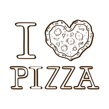 Dise&ntilde;o ilustrado a mano de frase yo amo la pizza. Vector
