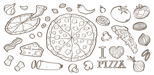 Set de ilustraciones decorativas dibujadas a mano de pizza y sus ingredientes tradicionales. Vector