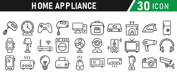 Home Appliances collections icons set. Contains Home appliances, refrigerator, washing machine,  television, air conditioner and household. Vector illustration collection
