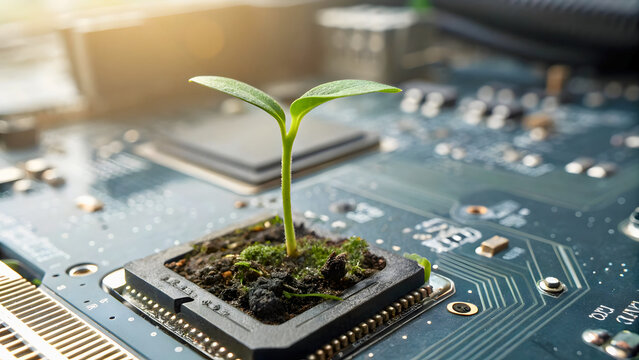 Close-up shot of plant sprout grows from computer chip, tech, nature connection, new life, eco concept, green tech. Modern natural computing, engineering, eco-friendly technology.