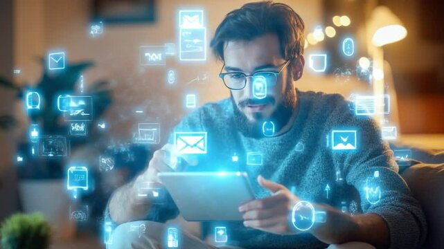 Digital World: A Man Immersed in the Digital World, interacting with a digital tablet surrounded by glowing futuristic icons, blending technology and lifestyle - Powered by Adobe