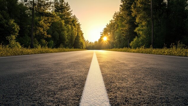 Empty road through a sun-drenched forest