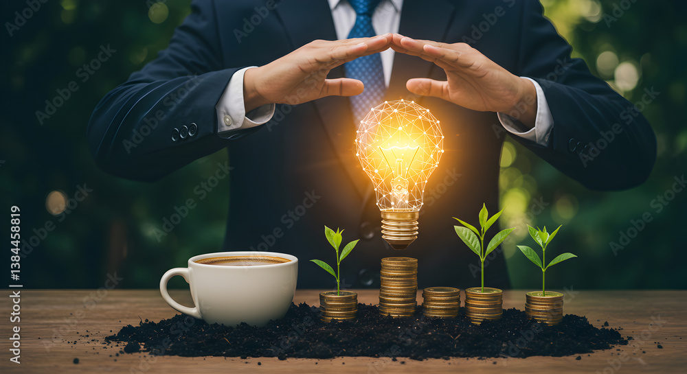 Poster hands protecting glowing lightbulb over gold coins and seedlings on soil with bokeh backdrop