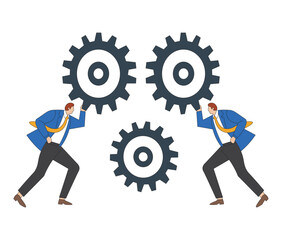 Teamwork and Collaboration Businessmen Pushing Gears to Boost Productivity and Efficiency. Corporate Team Effort Professionals Collaborating to Move Gears for Business Success.