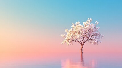 Solitary Tree Blossoms in Pastel Sunset