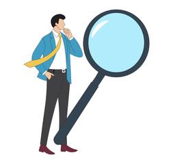 Businessman Analyzing Data with Magnifying Glass Market Research and Insight Concept Illustration. Professional Man Inspecting Graphs Business Analysis and Research Strategy Vector.