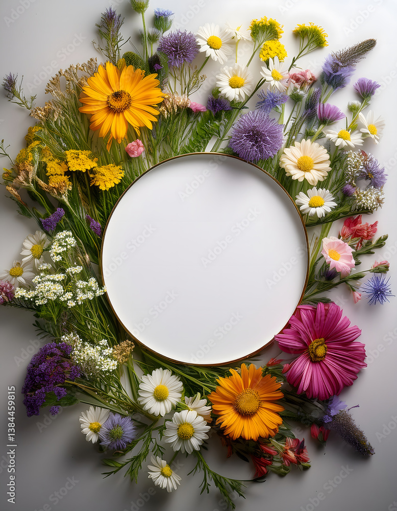 Poster a circular frame adorned with vibrant wildflowers, showcasing an empty center ideal for personalizat