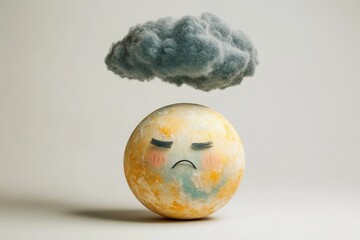 Sad planet with a dark cloud overhead, symbolizing climate change and environmental distress.