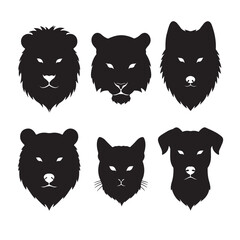 Silhouette of lion, tiger, wolf, bear, cat, and dog. Wildlife and pet silhouette. 