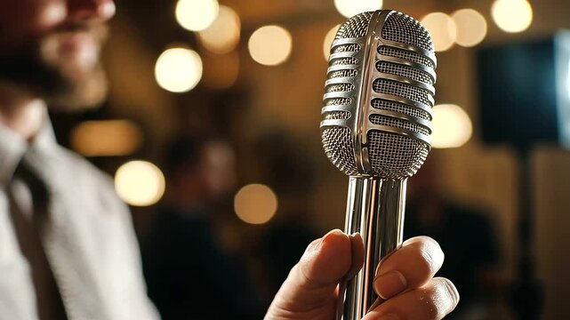 A stylish jazz club with vintage microphone and singer in 1940s attire