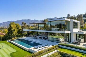 Modern glass house with pool and putting green boasts stunning mountain views, luxurious amenities.