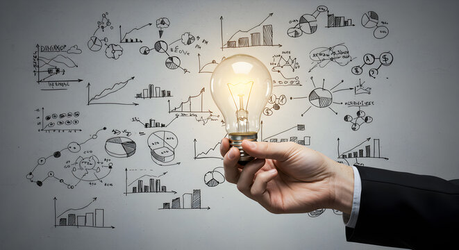 Hand Holding Illuminated Light Bulb in Front of White Wall With Geometric Equations Showing Creative Innovation