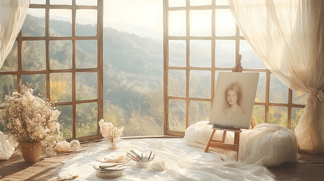 Portrait Painting in Sunlit Artistic Studio with Mountain View - Powered by Adobe